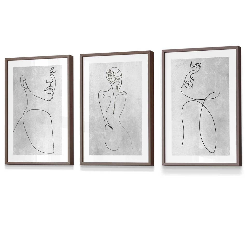 Abstrakt linjekunst kvinne grå veggkunstsett med 3 innrammede trykk