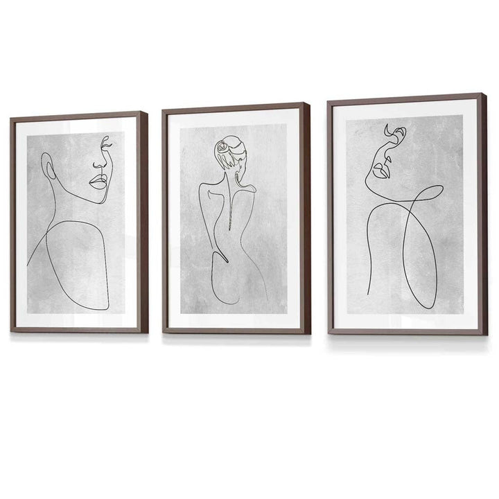 Abstrakt linjekunst kvinne grå veggkunstsett med 3 innrammede trykk