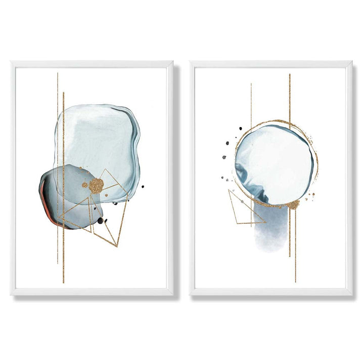 Aquablå abstrakte former, innrammet sett med 2 kunsttrykk