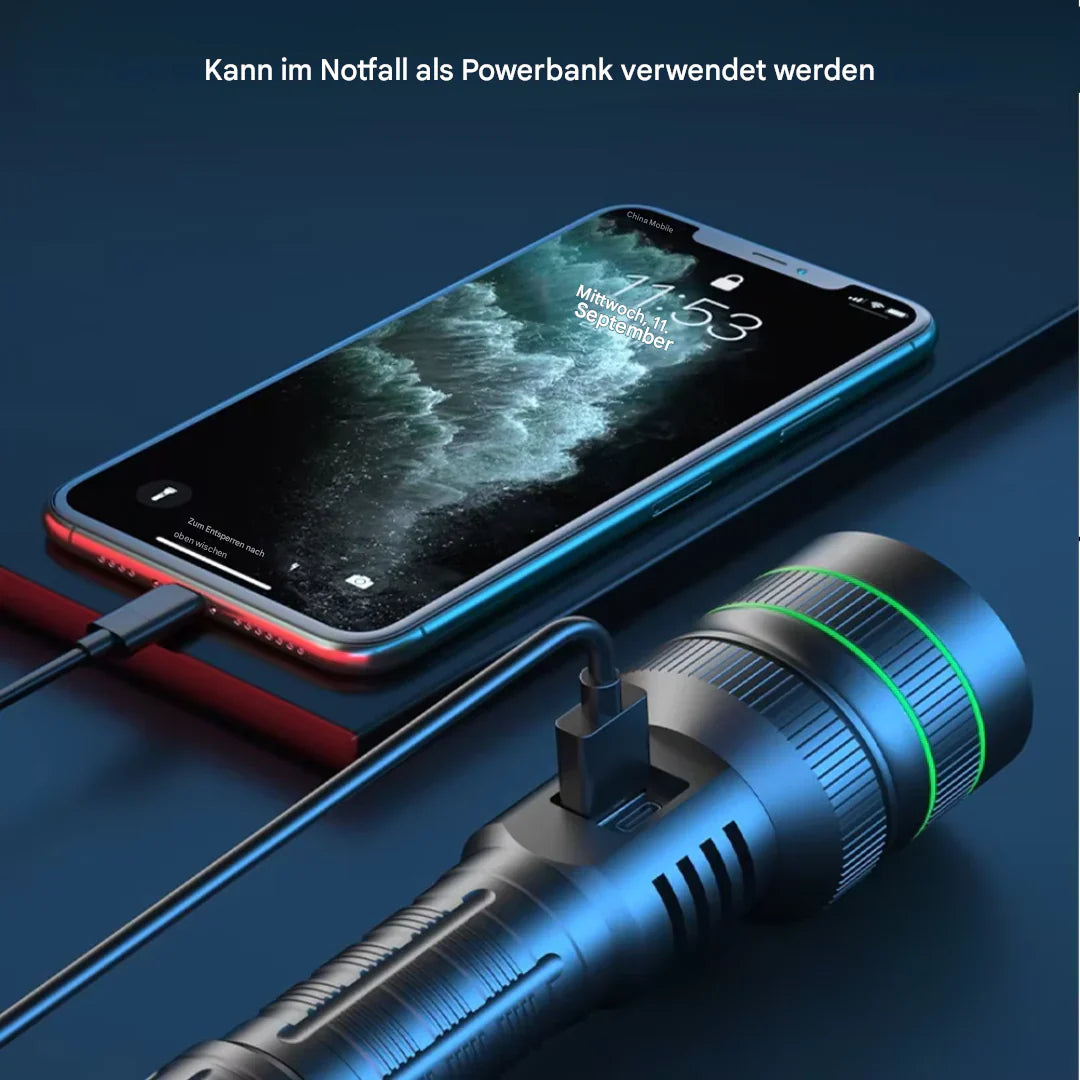 Skanto | Ekstremt lyssterk og zoombar LED-lommelykt med powerbank-funksjon for utendørs eventyr