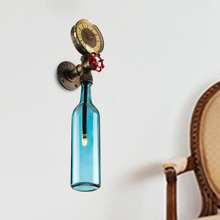 Brun/blå flaskevegglampe i vintage-stil med 1 lyspære i glass, veggbelysning for stue, trykkmåler og ventil