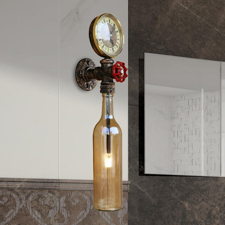Brun/blå flaskevegglampe i vintage-stil med 1 lyspære i glass, veggbelysning for stue, trykkmåler og ventil
