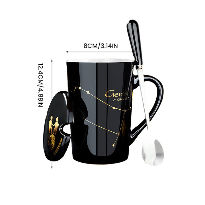 Skanto | 12 Zodiac Black Ceramic Mug with Lid and Spoon