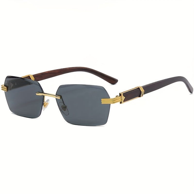 Rimless sunglasses with rectangular lenses and faux wood temples – Verro | Skanto