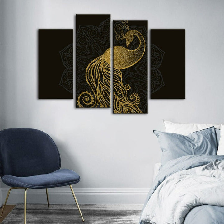 Abstract Golden Mandala Påfugl Lærred Veggkunst Maleri 4 Deler | Skanto