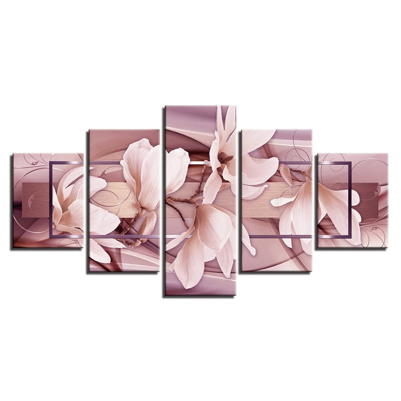 5-delt lys rosa blomster - lerret veggkunst maleri | Skanto