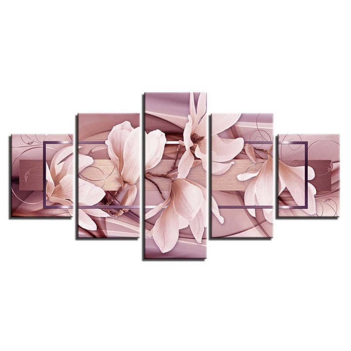 5-delt lys rosa blomster - lerret veggkunst maleri | Skanto