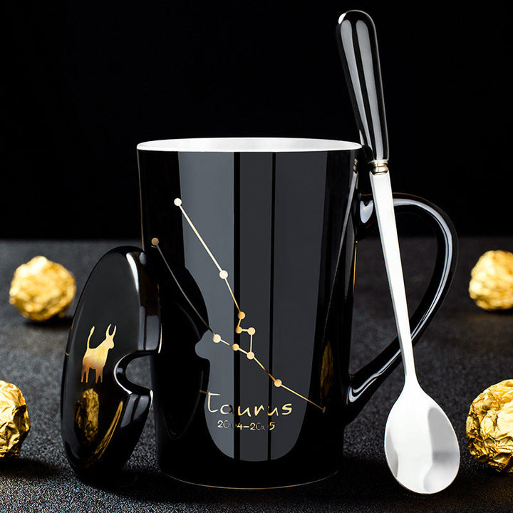 Skanto | 12 Zodiac Black Ceramic Mug with Lid and Spoon