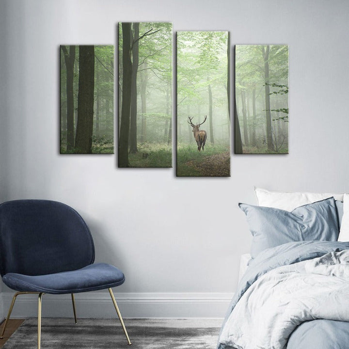 4 stk Tåkelagte Mystiske Hjorter i Skogen - Lerret Veggkunst Maleri | Skanto