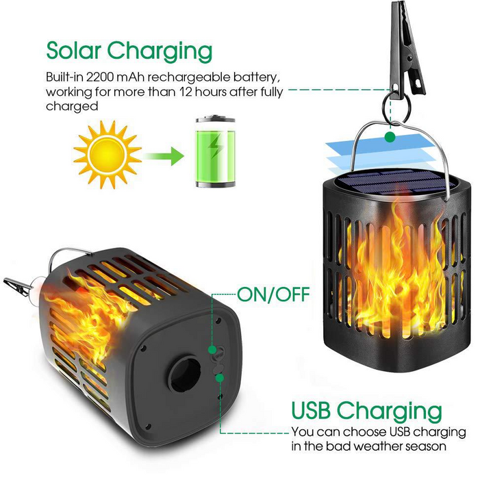 Skanto | Solar LED Flamme Lantern – Dekorativ utendørs belysning for hage og terrasse med hengemulighet