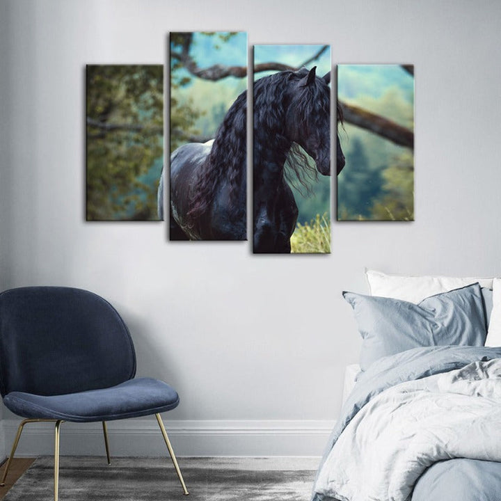 4 Piece Black Horse in Forest Canvas Wall Art Painting | Skanto