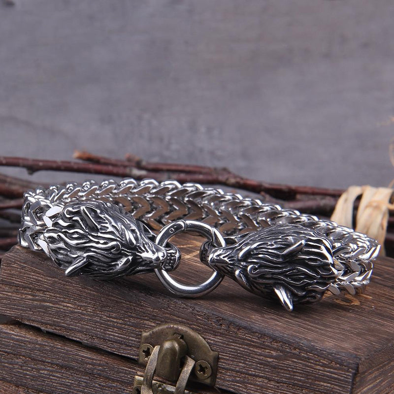 Skanto | Viking Rustfritt Stål Dobbel Ulvehode Fenris Armbånd
