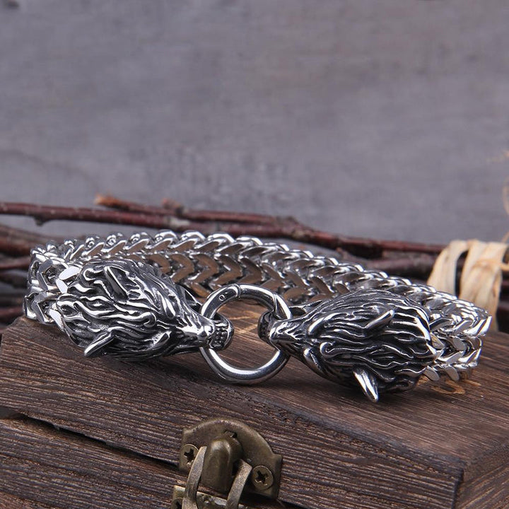 Skanto | Viking Rustfritt Stål Dobbel Ulvehode Fenris Armbånd