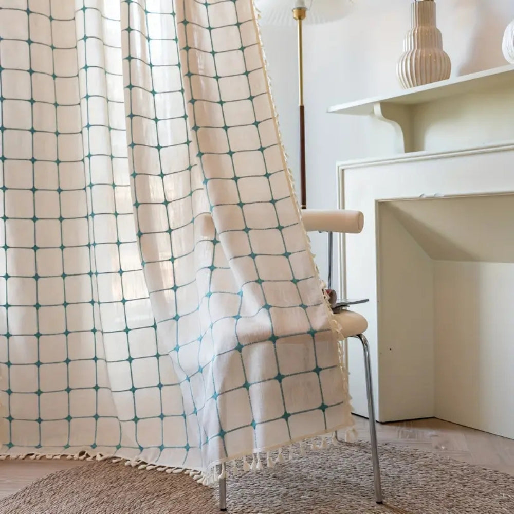 Skanto | Turkis Rutenett Boho Frynse Gardin