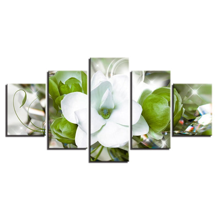 5-delt grønn bakgrunn hvite blomster - lerret veggkunst maleri | Skanto