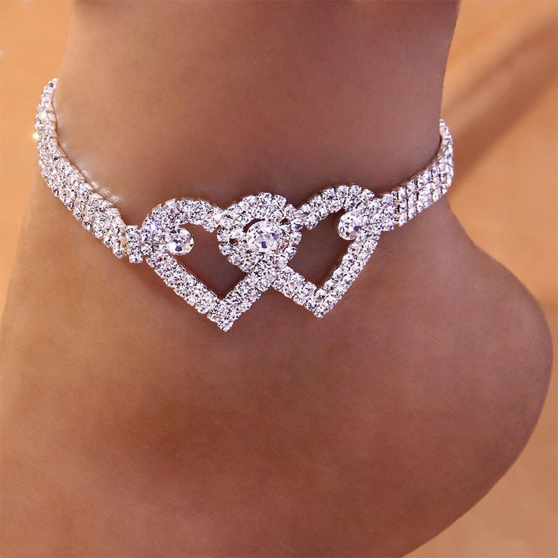 Skanto | Fasjonable Rhinestone Dobbel Hjerte Anklet