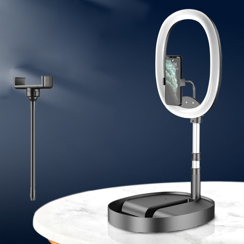 Skanto | Sammenleggbar og Justerbar Telefonholder med 10W Trådløs Hurtiglading, Opptil 25,8 cm, Lampe, Antiskli Panel, Mini Hylle, Passende for Telefoner og Nettbrett