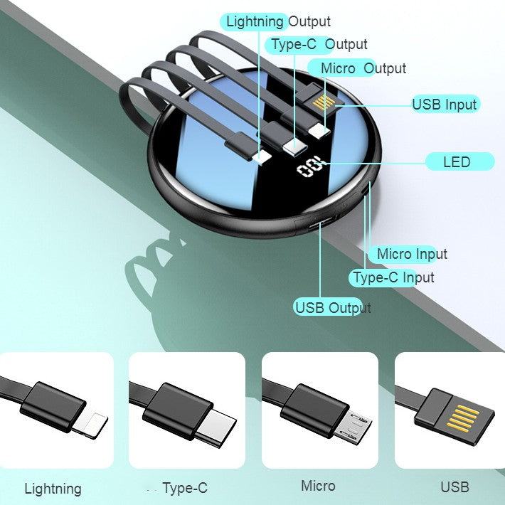 Skanto | 20000mAh Ultrathin Bærbar Power Bank, med LED Batteri Display og Innebygde Ladeledninger, for Reising, Arbeid & Mer