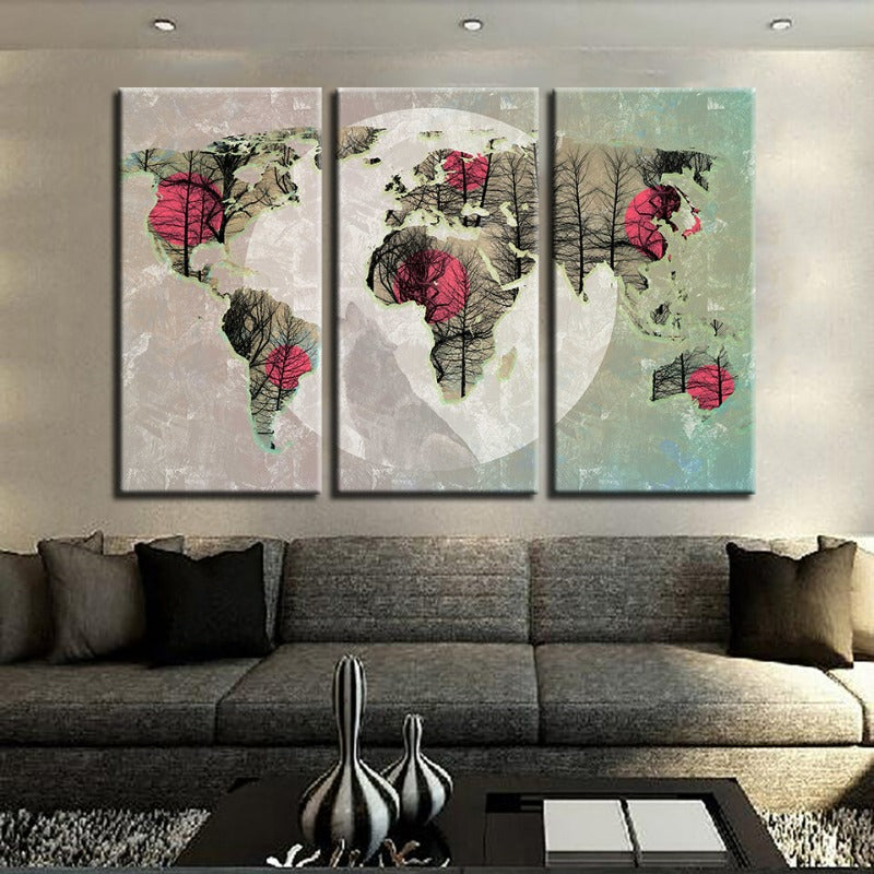 Vakker abstrakt rosa sol-verden-kart-lerret-veggkunstmaleri 3 deler | Skanto