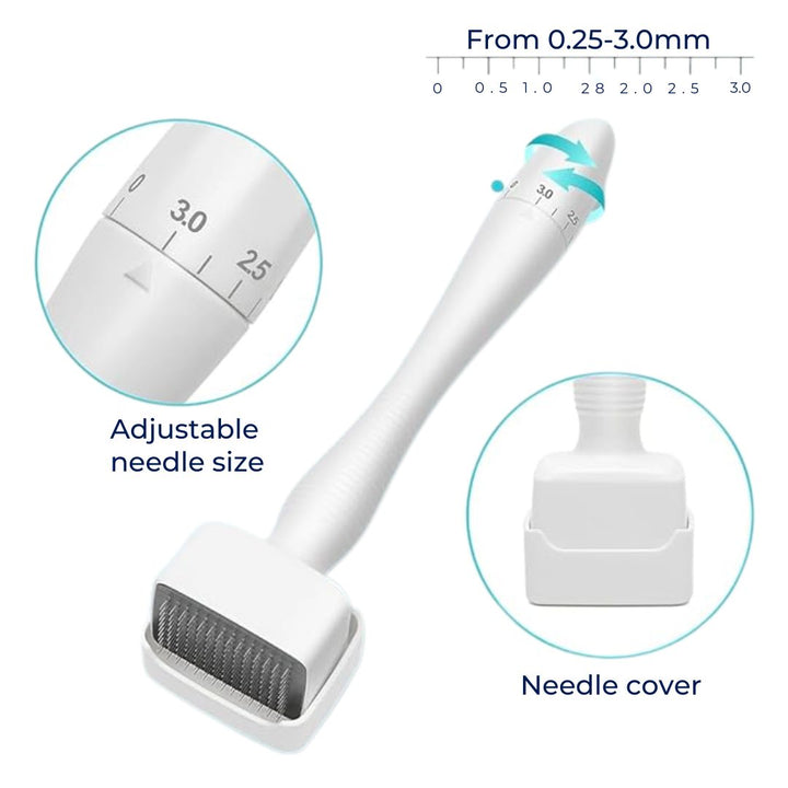 RevitaGlow | Microneedling Derma Stamp – Justerbar dybde – 140 nåler – Hud- og hårfornyelse Skanto