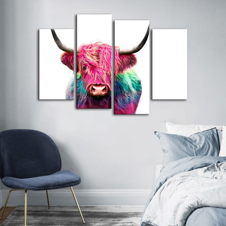 4-delt Farget Rosa Ku - Lærret Veggkunst Maleri | Skanto