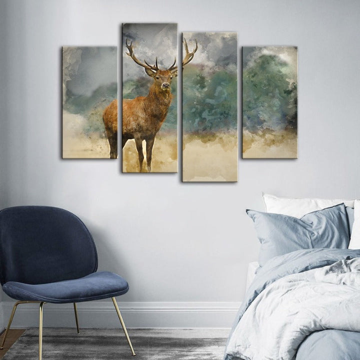 4-delt Aquarell Ebenholz Hjort - Lærred Veggkunstmaleri | Skanto