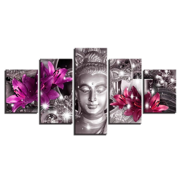 5-delte Buddha med lilla og rosa tulipaner - lerret veggkunst maleri | Skanto