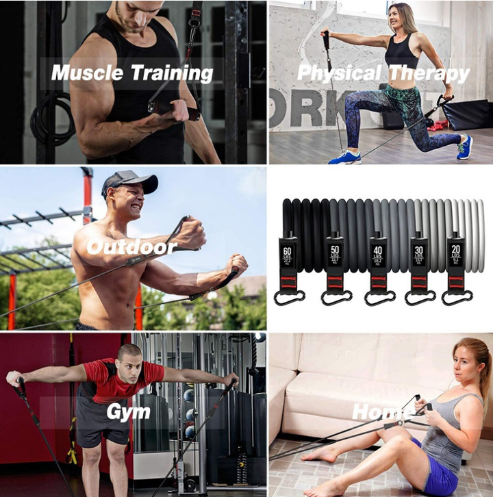 Widerstandsband-sett for Ganzkörpertraining og Rehabilitation mit Griffen, Knöchelmanschette og Türanker
