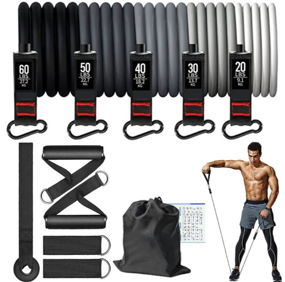 Widerstandsband-sett for Ganzkörpertraining og Rehabilitation mit Griffen, Knöchelmanschette og Türanker