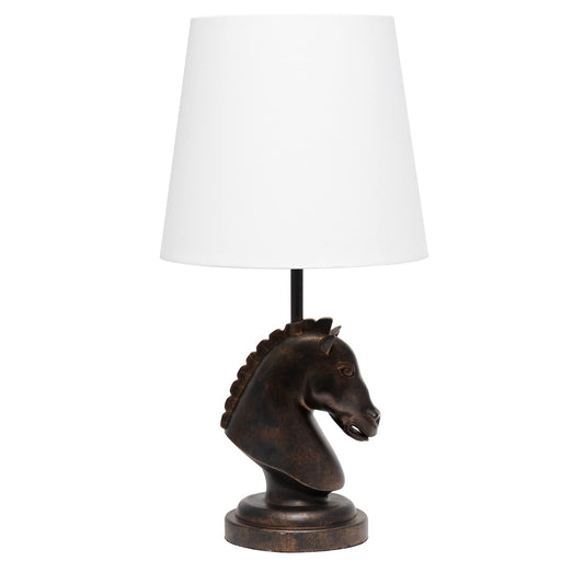 Norvo | Enkle Design Lt1089-Dbz 17.25&quot; Høy Polyresin Dekorativ Sjakkhest Nattbord Skrivebord Lampe Med Hvit Avsmalnet Stoffskjerm For Dekor, Akentlys, Spillrom, Barnerom, Stue, Soverom, Mørk Bronse