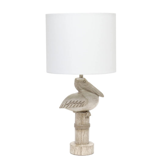 Norvo | Enkle design LT1091-Pel Shoreside 17,25&quot; Høy kystnær sittende pelikan beige vasket polyresin nattebord skrivebord lampe med hvitt stoffsylinder skjerm for dekor, aksent, strand, kyst, stue, soverom