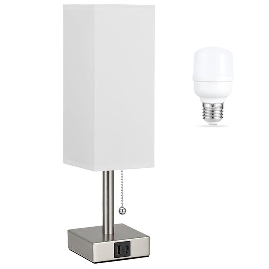 Norvo | Hvit liten lampe til soverom - 3 fargetemperaturer 3000K 5000K 4000K nattbordlampe, trekkjede kontroll, Usb A og C ladeporter, sølvbase, for barn kontor hybel nattbord, pære inkludert
