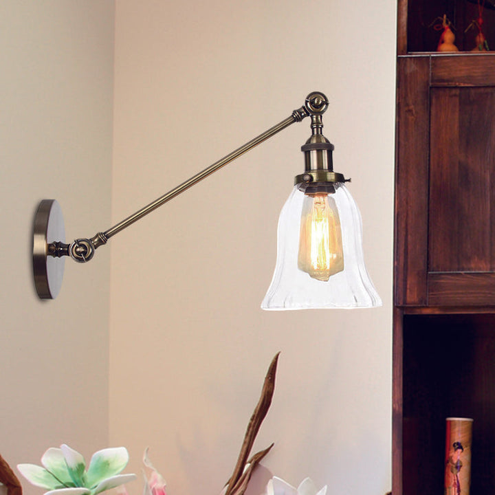 Skanto | Svart/Brons/Messing 1 Lys Vegglampe Vintage Klar Glassklokke Vegglampe med Arm, 8"/12" Lang