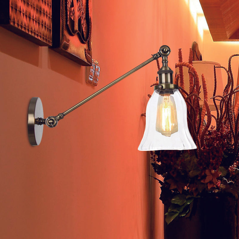 Skanto | Svart/Brons/Messing 1 Lys Vegglampe Vintage Klar Glassklokke Vegglampe med Arm, 8"/12" Lang