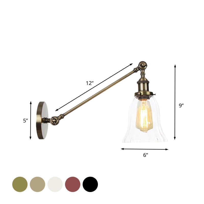 Skanto | Svart/Brons/Messing 1 Lys Vegglampe Vintage Klar Glassklokke Vegglampe med Arm, 8"/12" Lang
