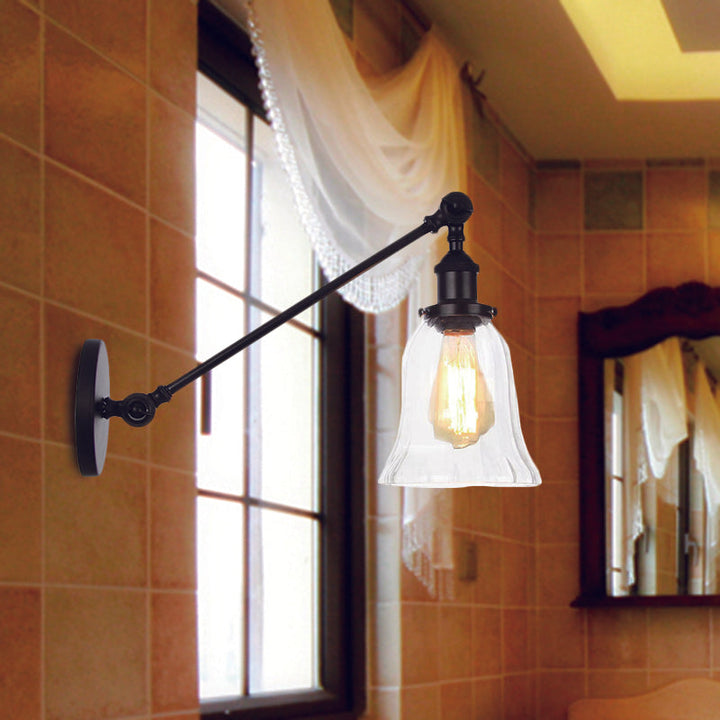 Skanto | Svart/Brons/Messing 1 Lys Vegglampe Vintage Klar Glassklokke Vegglampe med Arm, 8"/12" Lang