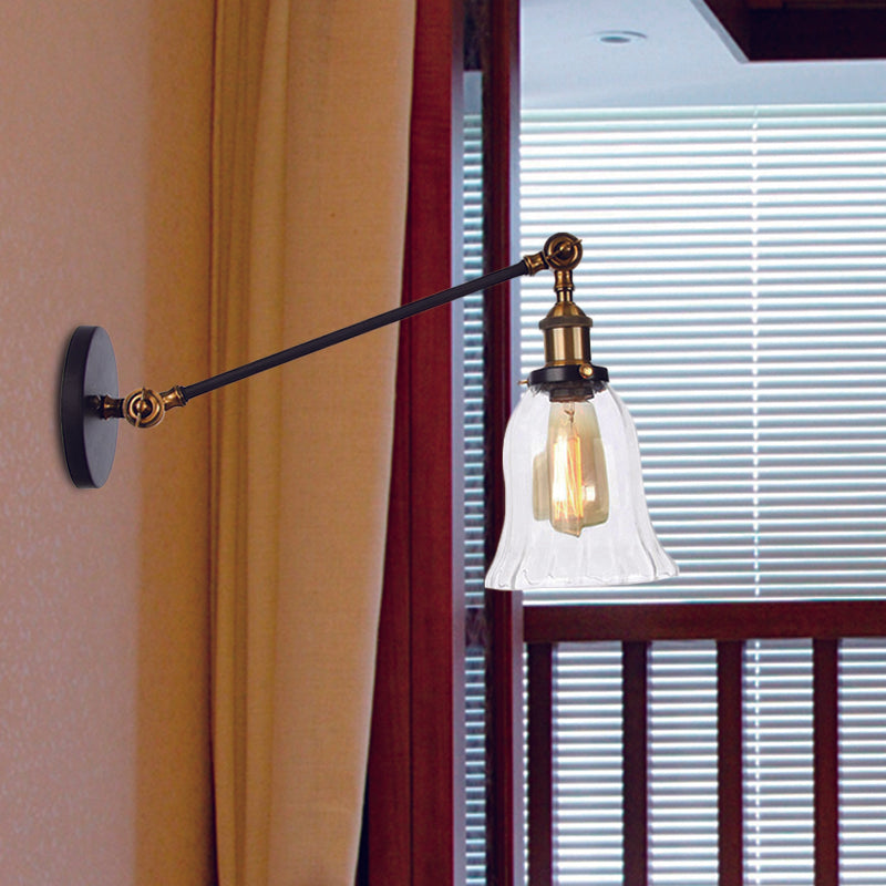 Skanto | Svart/Brons/Messing 1 Lys Vegglampe Vintage Klar Glassklokke Vegglampe med Arm, 8"/12" Lang