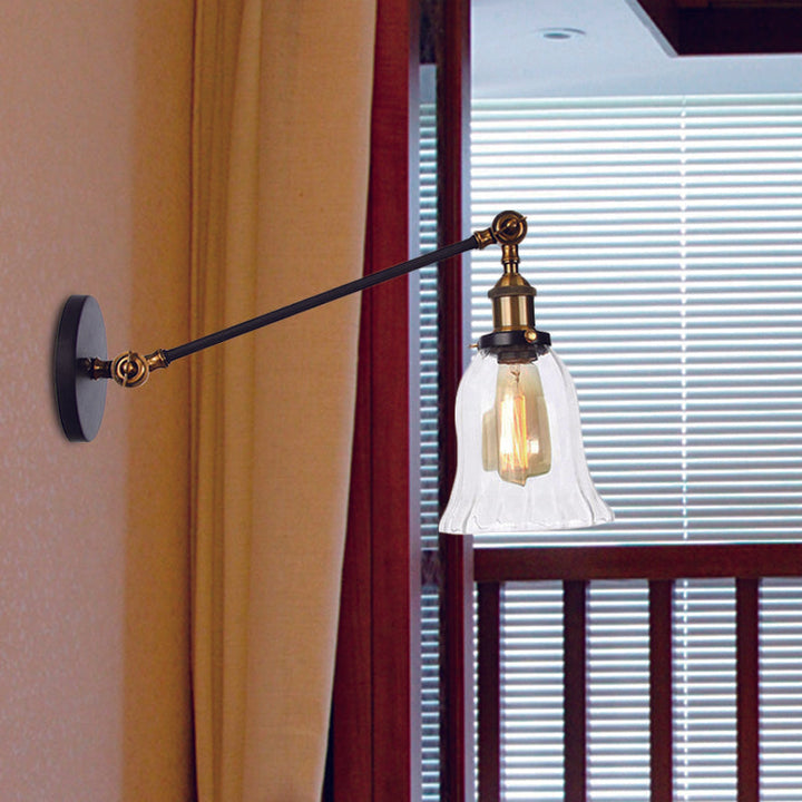 Skanto | Svart/Brons/Messing 1 Lys Vegglampe Vintage Klar Glassklokke Vegglampe med Arm, 8"/12" Lang