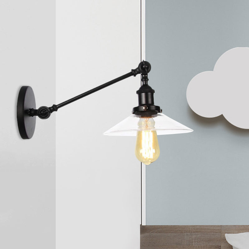 Innendørs vegglampe med 1 lys, vintage, svart/messing/bronse, lysarmatur med konisk, gjennomsiktig glassskjerm, 8"/12" L-arm