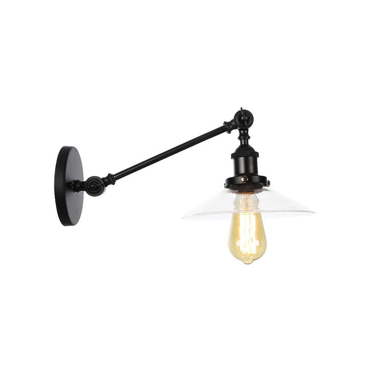 Innendørs vegglampe med 1 lys, vintage, svart/messing/bronse, lysarmatur med konisk, gjennomsiktig glassskjerm, 8"/12" L-arm