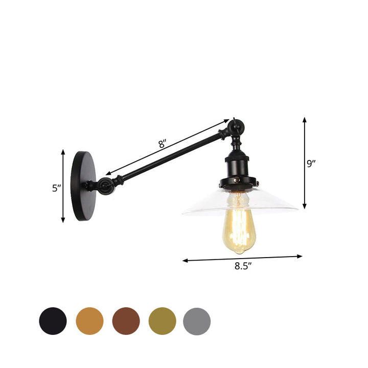 Innendørs vegglampe med 1 lys, vintage, svart/messing/bronse, lysarmatur med konisk, gjennomsiktig glassskjerm, 8"/12" L-arm