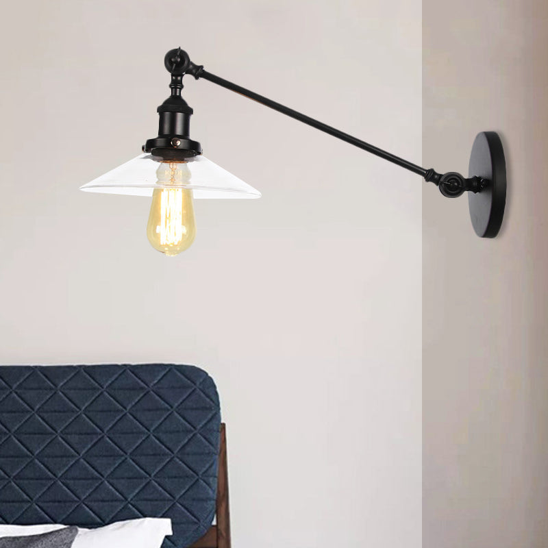 Innendørs vegglampe med 1 lys, vintage, svart/messing/bronse, lysarmatur med konisk, gjennomsiktig glassskjerm, 8"/12" L-arm