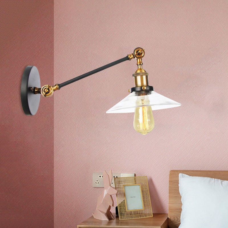 Innendørs vegglampe med 1 lys, vintage, svart/messing/bronse, lysarmatur med konisk, gjennomsiktig glassskjerm, 8"/12" L-arm