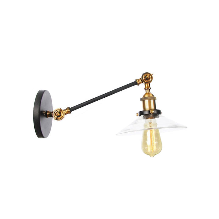 Innendørs vegglampe med 1 lys, vintage, svart/messing/bronse, lysarmatur med konisk, gjennomsiktig glassskjerm, 8"/12" L-arm