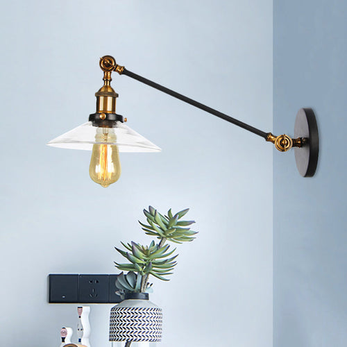 Innendørs vegglampe med 1 lys, vintage, svart/messing/bronse, lysarmatur med konisk, gjennomsiktig glassskjerm, 8