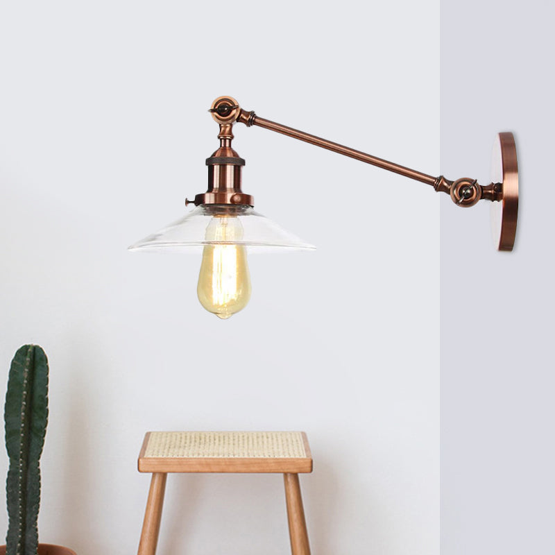 Innendørs vegglampe med 1 lys, vintage, svart/messing/bronse, lysarmatur med konisk, gjennomsiktig glassskjerm, 8"/12" L-arm