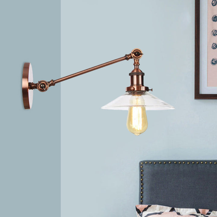 Innendørs vegglampe med 1 lys, vintage, svart/messing/bronse, lysarmatur med konisk, gjennomsiktig glassskjerm, 8"/12" L-arm