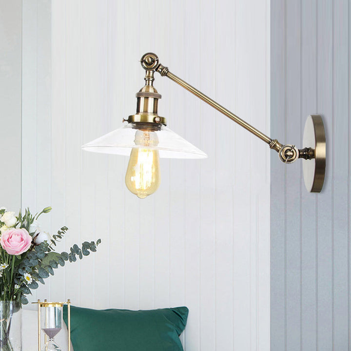 Innendørs vegglampe med 1 lys, vintage, svart/messing/bronse, lysarmatur med konisk, gjennomsiktig glassskjerm, 8"/12" L-arm