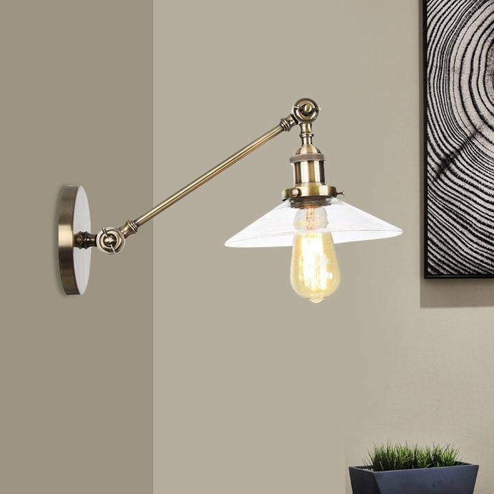 Innendørs vegglampe med 1 lys, vintage, svart/messing/bronse, lysarmatur med konisk, gjennomsiktig glassskjerm, 8"/12" L-arm