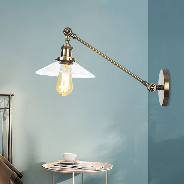Innendørs vegglampe med 1 lys, vintage, svart/messing/bronse, lysarmatur med konisk, gjennomsiktig glassskjerm, 8"/12" L-arm